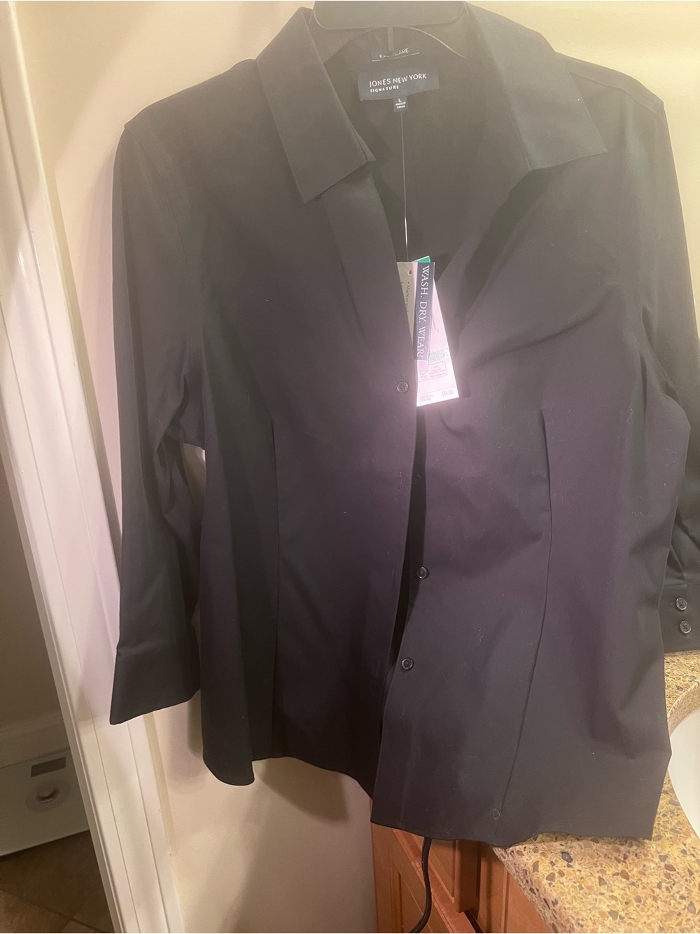 Jones New York Black Tailored Button-Up Shirt NWT 3/4 Sleeves Sz L Chest 40”